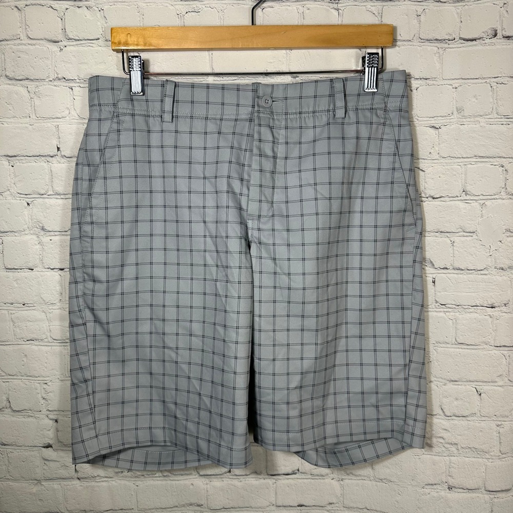 Nike Golf Dri-FIT Mens Grey Plaid Performance Shorts Size 34 Flat Front Athletic